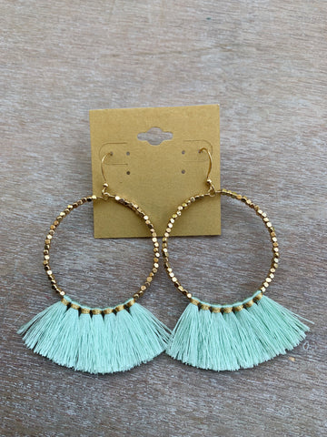 Gold Beaded Hoops with Mint Fringe