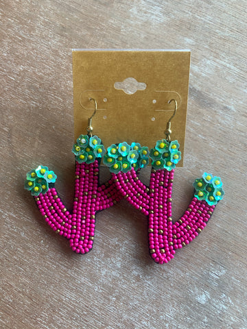Pink Beaded Cactus Earrings with Turquoise Flower