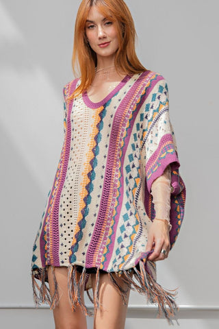 Faded Plum Multi Color Knitted Poncho Sweater
