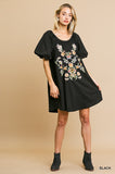 Black Floral Embroidered Short Puff Sleeve Scoop Neck Dress