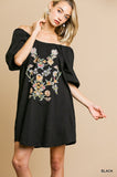 Black Floral Embroidered Short Puff Sleeve Scoop Neck Dress