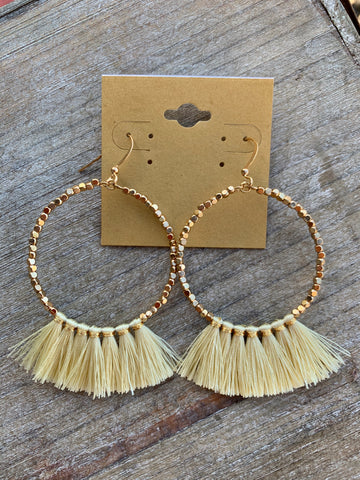 Gold Beaded Hoops with Cream Tassels