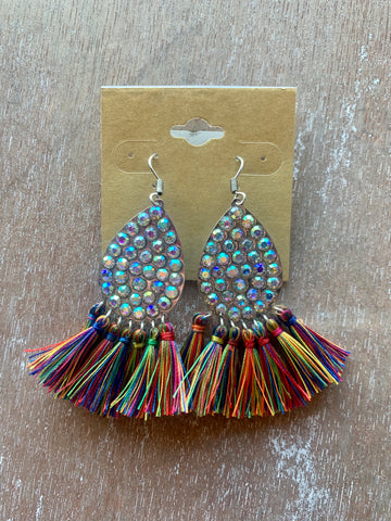 Multicolor Fringe & Rhinestone Earrings