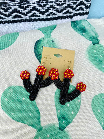 Black Beaded Cactus Earrings