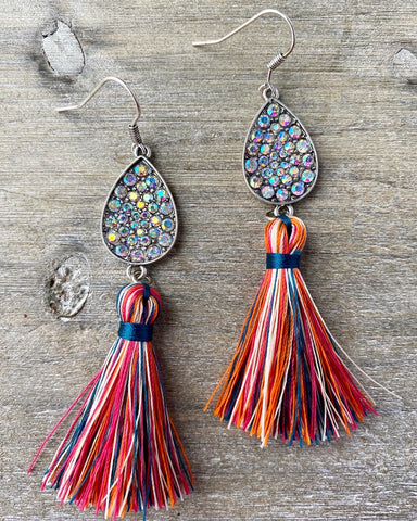 Crystal Teardrop & Multicolor Tassel Earrings