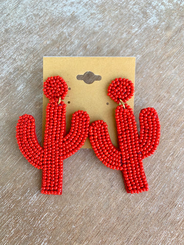 Red Beaded Cactus Earrings