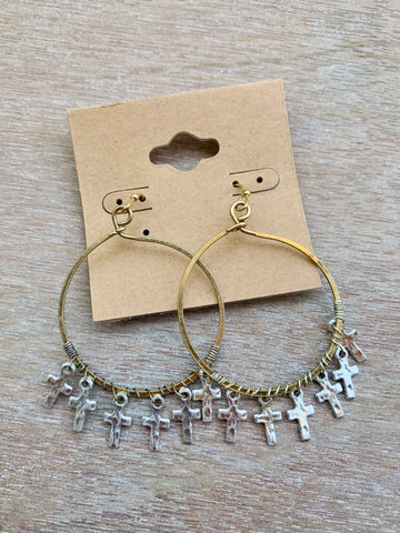 Gold Hoops with Silver Cross Charms