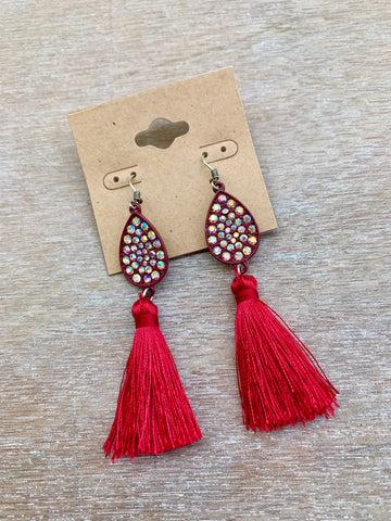 Crystal Teardrop & Red Tassel Earrings