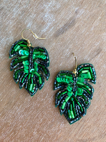 Green Beaded Palm Leaf Earrings